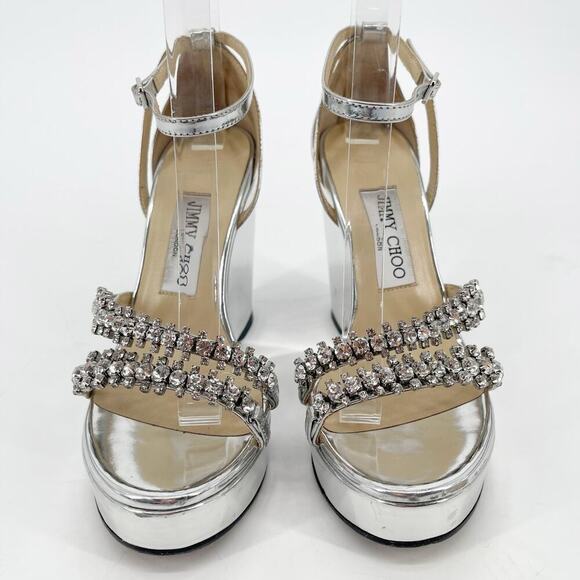 Jimmy Choo Silver Metallic Bing 120 Crystal Embellished Wedge Sandal size IT 37 - Picture 6 of 15